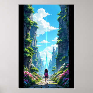 Poster Fille avec sac à dos marchant vers un cristal de f