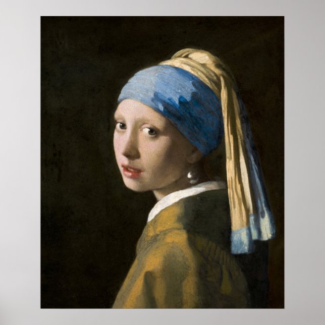 Poster Fille avec une perle à oreille par Johannes Vermee (Devant)
