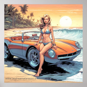 Poster Fille avec voiture de sport