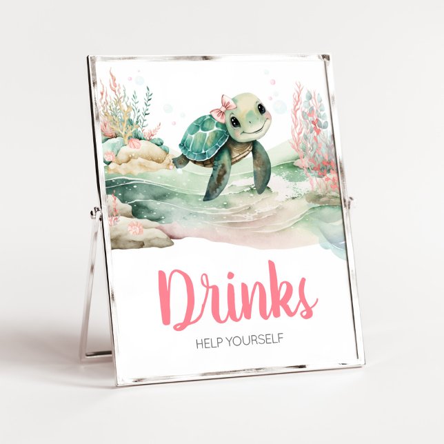 Poster Fille Baby shower de tortue de mer Boissons (A Little Hatching Is On the Way Baby Shower Drinks Sign)