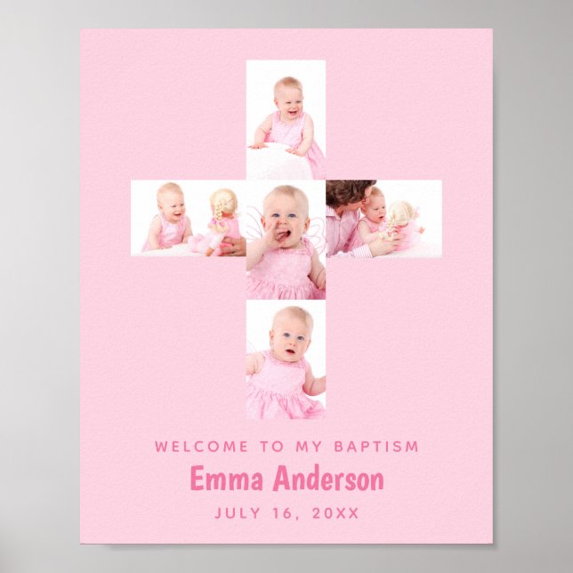 Poster Fille Baptême Croix Photo Collage Rose Christening (Devant)