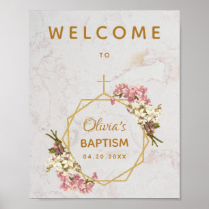 Poster Fille Baptême Marbre Floral Orchidées Or Bienvenue