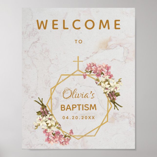 Poster Fille Baptême Marbre Floral Orchidées Or Bienvenue (Devant)