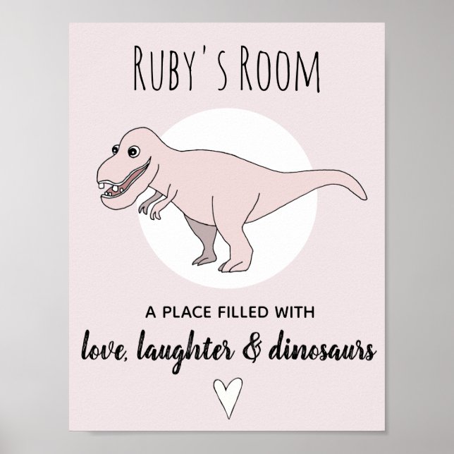 Poster Fille Bébé Doodle Dinosaure Rose T-Rex Prénom Nurs (Devant)