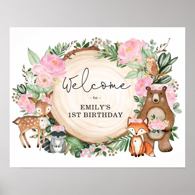 Poster Fille Bois Animaux Rose Floral Anniversaire Bienve (Devant)
