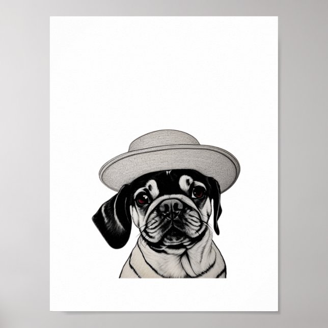 Poster Fille Carlin chien porter Casquette noir et blanc  (Devant)