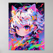 Fille Chat Abstrait Néon Art Pop