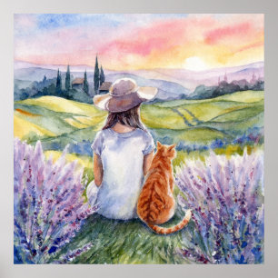 Poster Fille & Chat Roux Regardant le Lever du Soleil - A