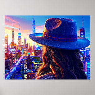 Poster Fille cool de NYC avec chapeau fedora - paysage no