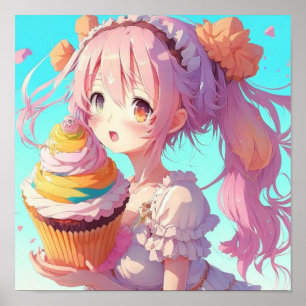 Poster Fille d'anime avec cupcake fantaisiste