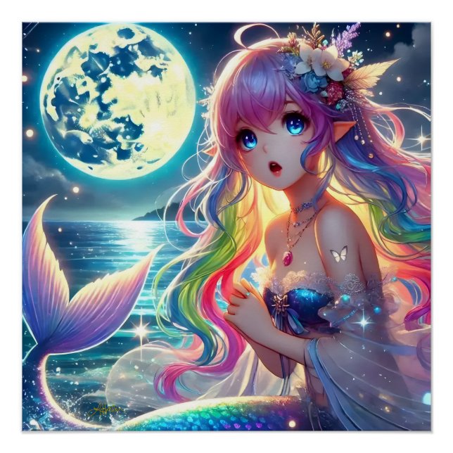 Poster Fille d'anime chantant clair de lune pixie mermaid (Devant)