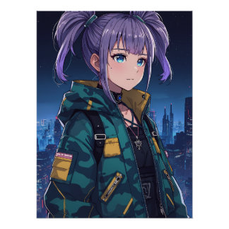 Poster Fille d'anime Cyberpunk aux tresses Jacket Camo Ar