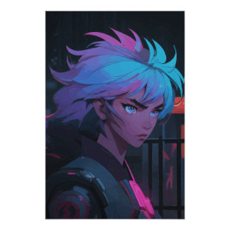 Poster Fille d'anime Cyberpunk avec cheveux néon – Futuri