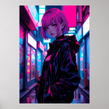Fille d'anime cyberpunk néon dans une ruelle