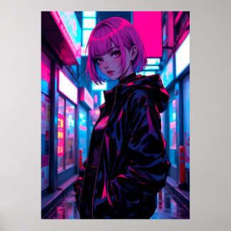 Poster Fille d'anime cyberpunk néon dans une ruelle