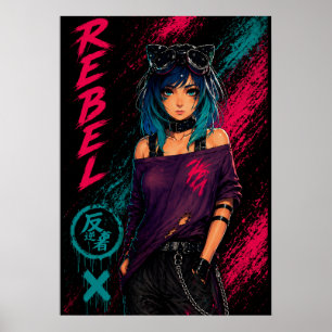 Poster Fille d'anime Cyberpunk Néon Noir