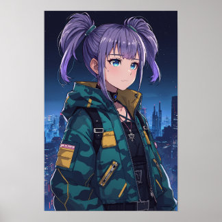 Poster Fille d'anime Cyberpunk Queue Camo Veste Art