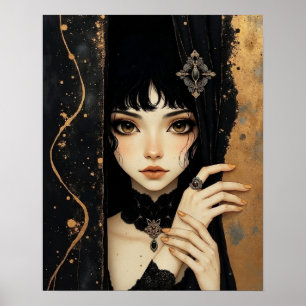 Poster Fille d'anime gothique noir et or