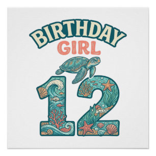 Poster Fille d'anniversaire 12 Tortue de mer Océan Vintag