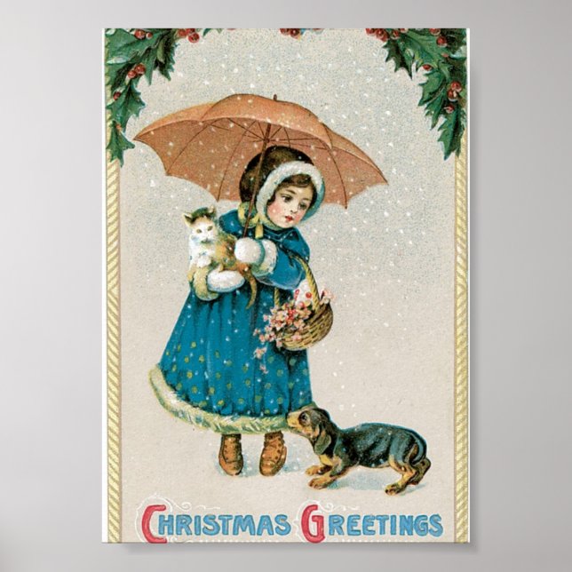 Poster Fille dans la neige à Noël avec chat et chien (Devant)