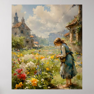 Poster Fille dans un jardin fleuri, style impressionniste