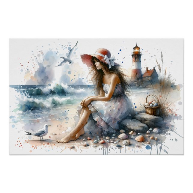 Poster Fille d'aquarelle romantique par phare (Devant)