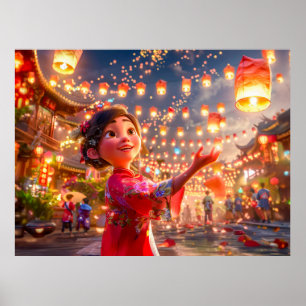 Poster Fille de bande dessinée avec des lanternes célébra