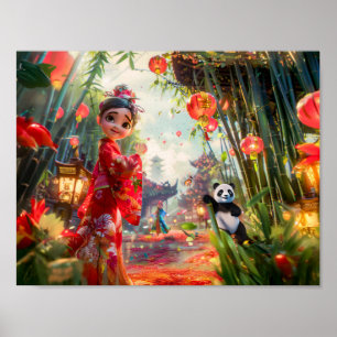 Poster Fille de bande dessinée dans une forêt de bambou a