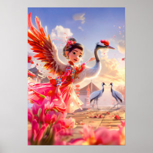Poster Fille de bande dessinée dansant avec une grue dans