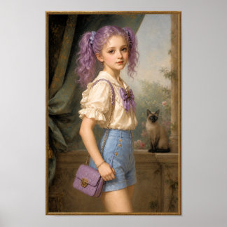 Poster Fille de couleur violette et chat siamois