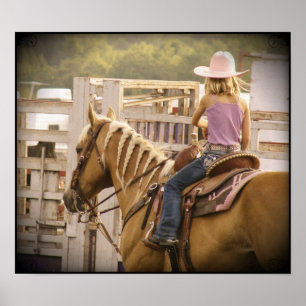 Poster Fille de course de baril et cheval