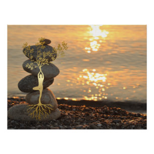 Poster Fille de l'arbre d'or silhouette pierres Zen, couc
