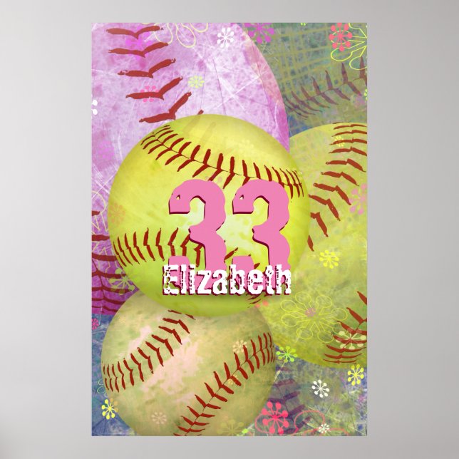 Poster Fille de softball grungy jaune rose (Devant)