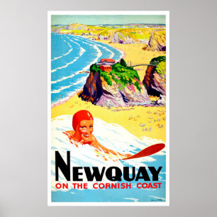 Poster Fille de surf à Newquay beach, Cornwall, vintage