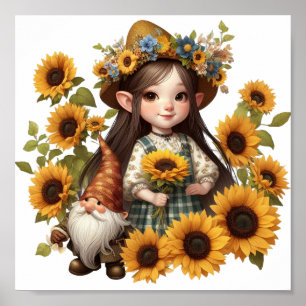 Poster Fille de tournesol gnome