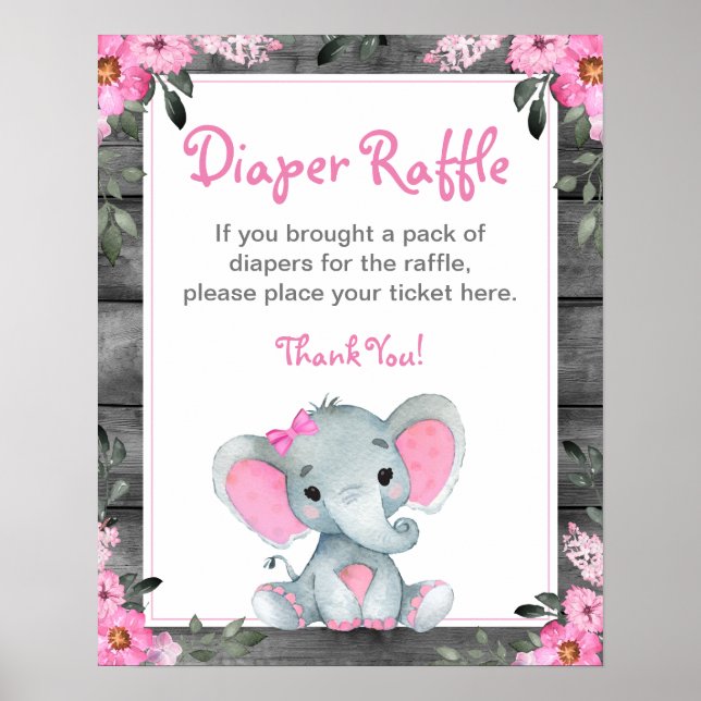 Poster Fille Eléphant Déchets Baby shower de jeu Signe (Devant)