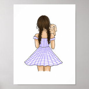 Poster Fille en carreaux gingham violet portant un lapin 