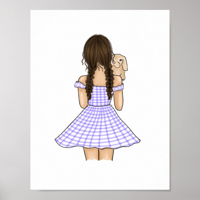 Poster Fille en carreaux gingham violet portant un lapin  (Devant)