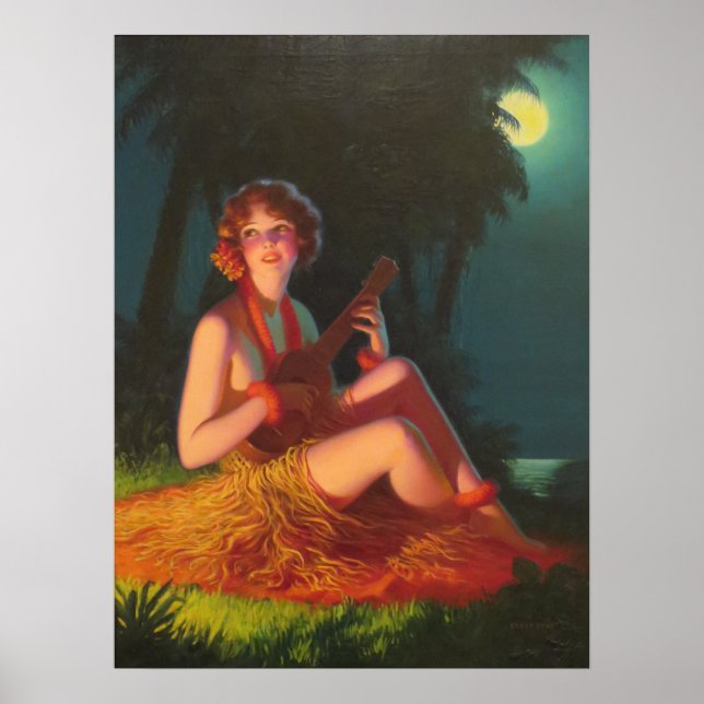 Poster Fille en clair de lune avec Banjo Ukelele (Devant)