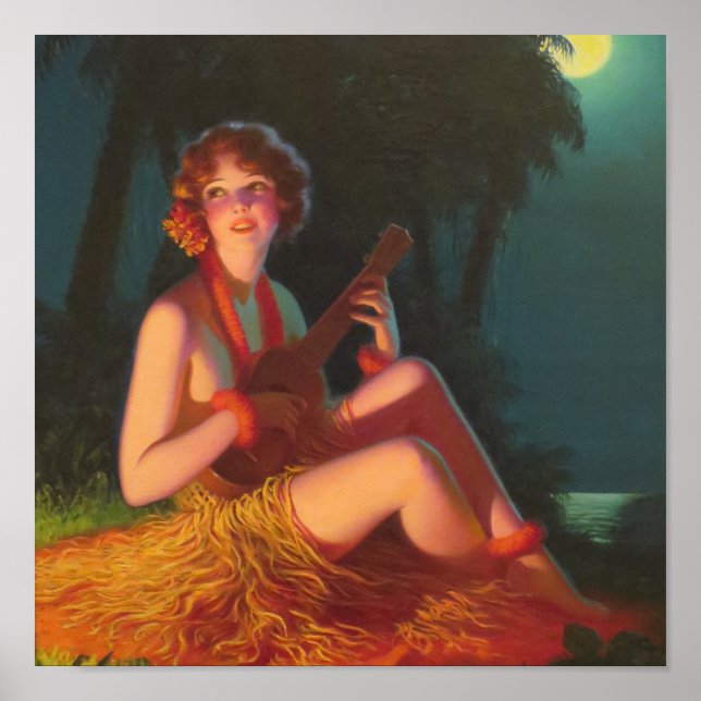 Poster Fille en clair de lune avec Banjo Ukulele (Devant)