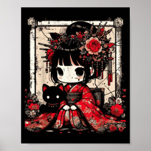 Poster Fille en kimono chibi Chat noir Fleurs Art japonai