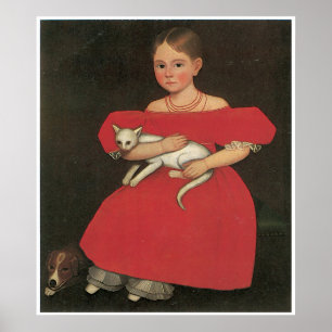 Poster Fille en rouge avec son chat et chien C. 1834-36