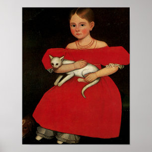 Poster Fille en rouge avec son chat et son chien