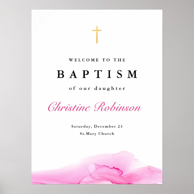 Poster Fille encre rose Christening Baptême Bienvenue (Devant)