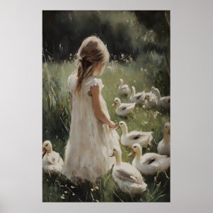 Poster Fille et canards imprimés, Fleur de village de can