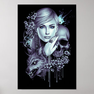 Poster Fille et crâne de loup