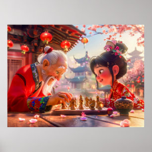 Poster Fille et grand-père jouant aux échecs modernes
