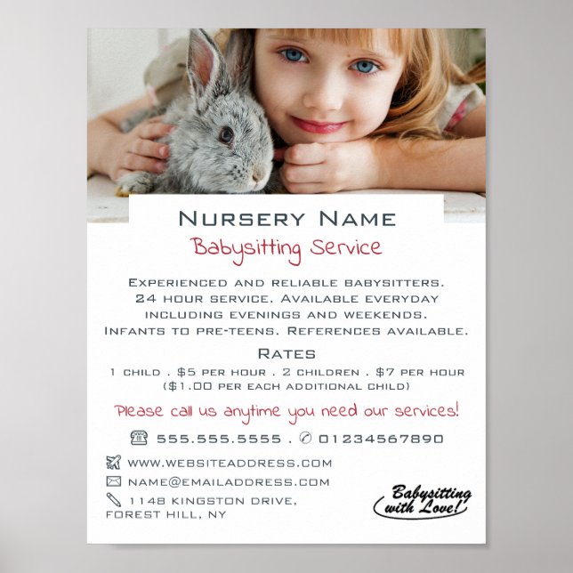 Poster Fille et lapin, Babysitter, Garderie, Nourriture (Devant)