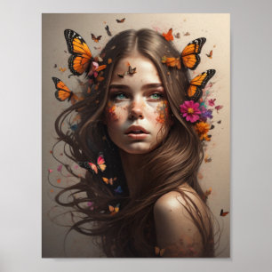 Poster Fille et papillon