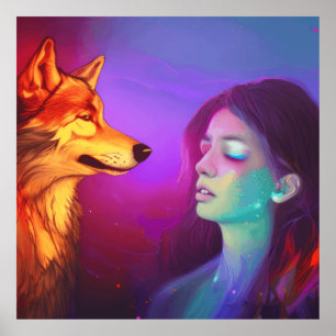Poster Fille et son loup AI Généré Imaginaire Pop Art